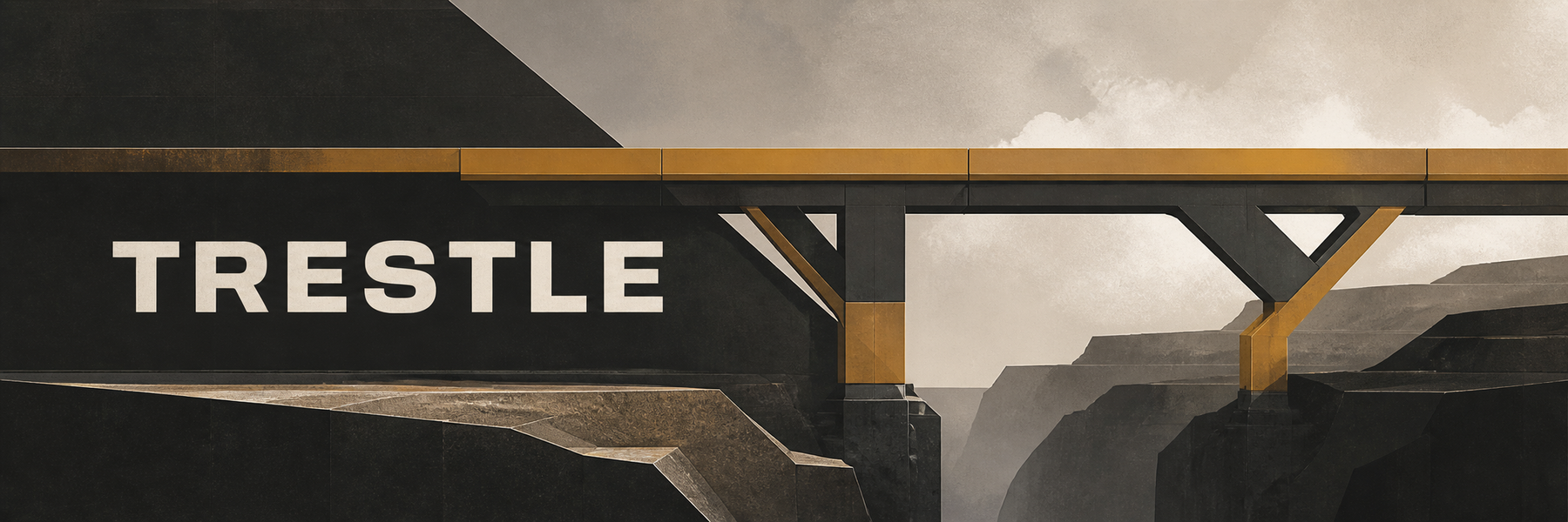 Trestle concept art showing a brass and black bridge across a rocky landscape